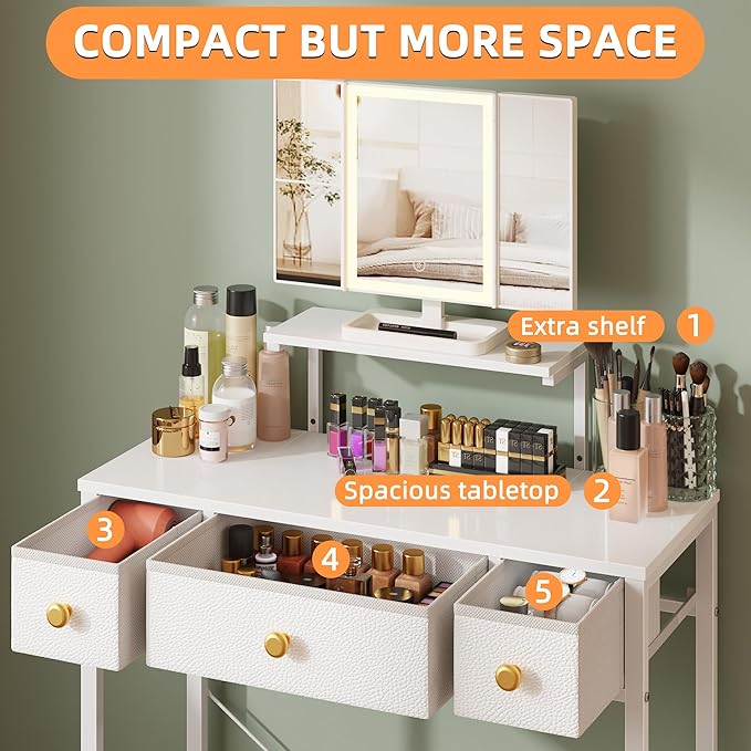 HIGDBFE Small Makeup Vanity Desk 27.5''W with Mirror and Lights, Vanity Desk with 3 Fabric Drawers and Height-Adjustable Stand, Vanity Table for Girls Gifts, Bedroom and Small Spaces, White