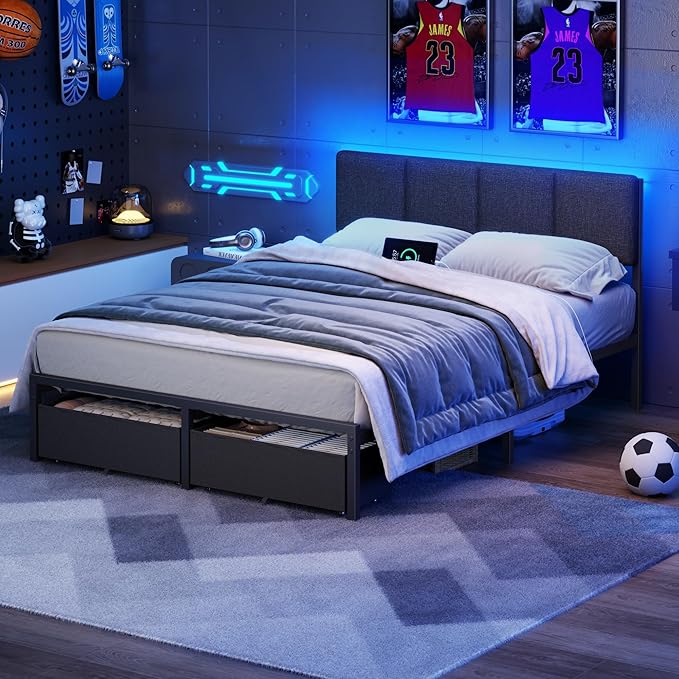 Furnulem Full Size Bed Frame with Headboard, Upholstered Full Bed Frame with LED Light, USB Charging Station, Platform Bedframe with 2 Fabric Underbed Storage Drawers, No Spring Box Needed