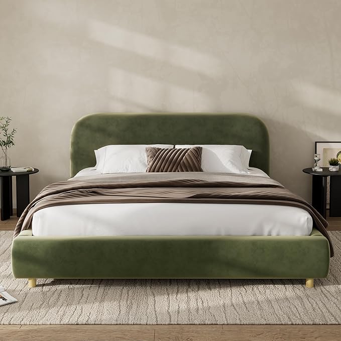 Merax Queen Size Velvet Fabric Upholstered Platform Bed with Curved Shaped Headboard, Wood Bed Frame with Solid Round Legs for Kids Teens Adults, Olive Green