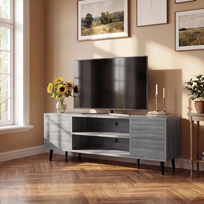JUMMICO Mid-Century Modern TV Stand for 43-55 Inch TVs, 50 Inch Media Console with Storage, Entertainment Center with Push-Open Cabinets and Cable Management for Living Room (Grey, 50 Inches)
