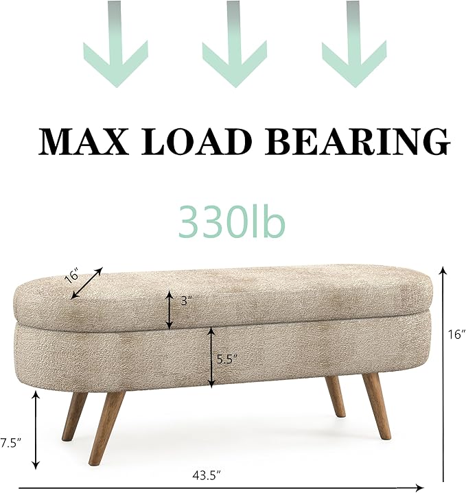 43.5" Ottoman with Storage, Storage Ottoman Bench with Safety Hinge, Foam End of Bed Bench, Upholstered Entryway Bench for Bedroom, Living Room & Window, Holds up to 330 lb, Brown