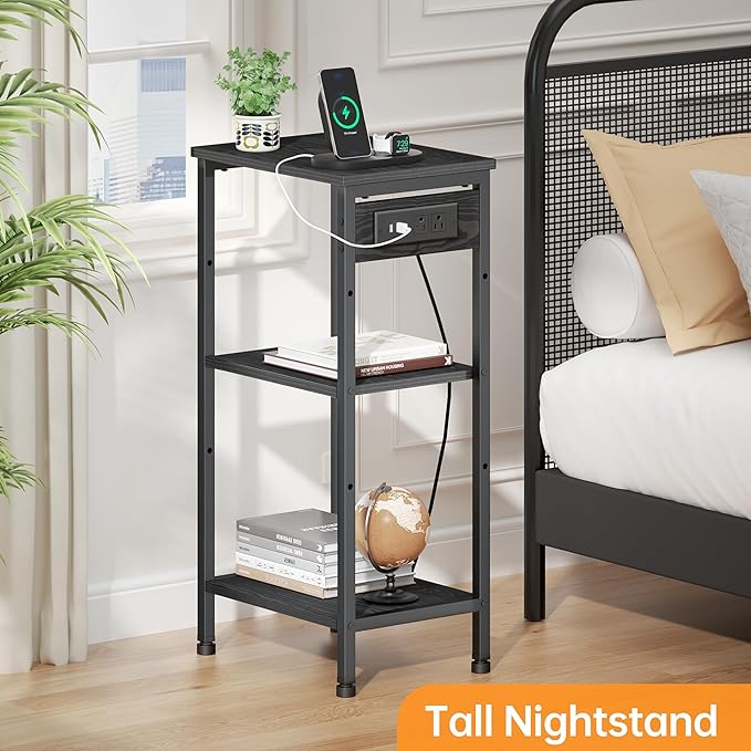 Asgolion Tall Nightstand with Charging Station, 3 Tier Narrow Tall End Table with Storage, Slim Side Table with USB Ports and Outlets for Bedroom, Living Room, Office, Black