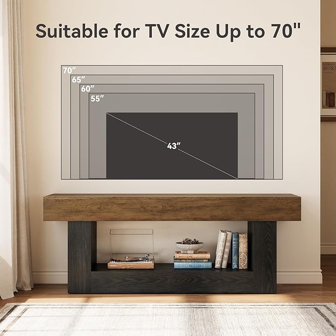 LITTLE TREE 63 Inches Long TV Stand for TVs Up to 70 Inches, Modern Television Stand for Living Room, Entertainment Center with U-Shaped Pedestal & Open Storage Shelf, Media TV Console, Brown & Black