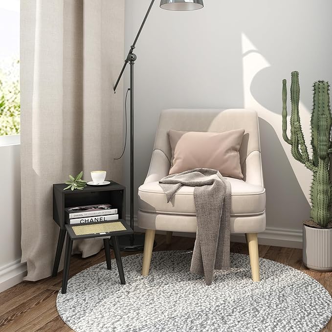 LAATOOREE Nightstand Set of 2, Small End Table with Rattan Door, Bedside Table with Solid Wood Feet, Boho Side Table for Bedroom Living Room Small Space, Black