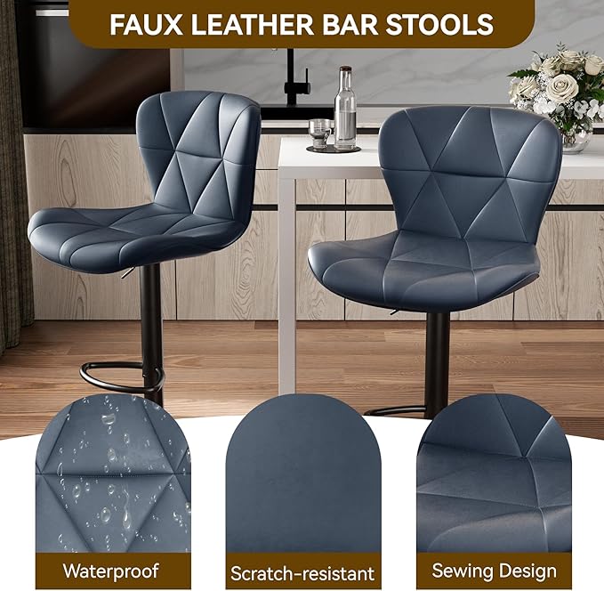 Nalupatio Modern Bar Stools Set of 4, Adjustable Faux Leather Upholstered Swivel Bar Stools, Counter Height Bar Chairs with Back for Kitchen Island, Dark Blue