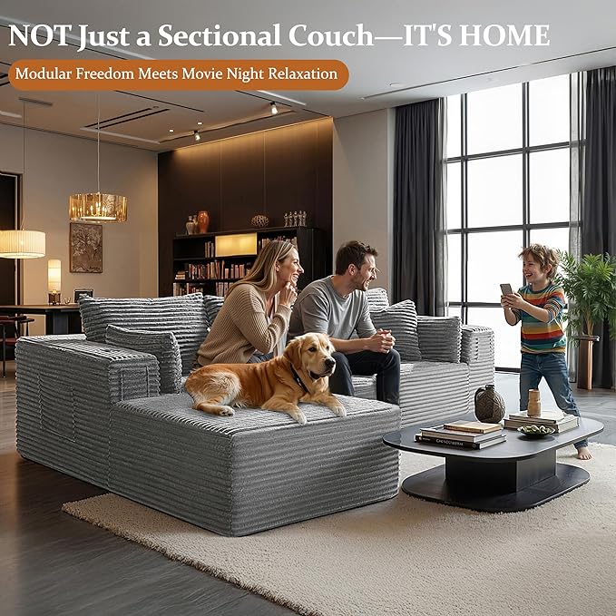 108" Oversized Cloud Sectional Couch, Comfort L Shaped Boneless Couch for Living Room, Extra Deep Seats No Assembly, Minimalist Modular Sofa, Corduroy (Light Grey, 2 Seater+Left Facing Chaise)