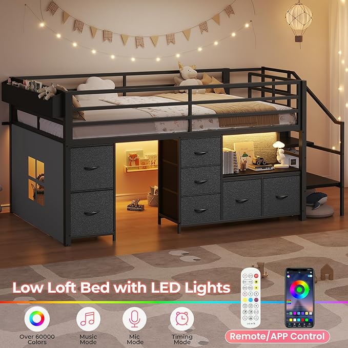 ADORNEVE Low Loft Bed Twin Size with Stairs,7 Drawers, Bookcase and LED Lights, Metal Kids Loft Bed with 14" H Safety Guardrail,Inclined Ladder and Play Curtain, Under-Bed Play Space, Black