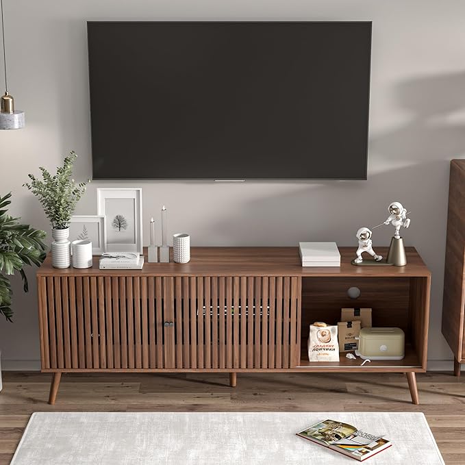 Oubayajia Mid Century Modern TV Stand for Televisions up to 70 Inches, with Sliding Doors and Storage, Television Stands, TV Consoles, Media Consoles for Living Room, 63 Inch (Walnut)