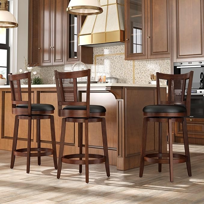 Sophia & William Swivel Counter Height Bar Stools Set of 3, 26 Inch Faux Leather Barstools with Backrest & Solid Wood Legs, Brown Kitchen Counter Stools