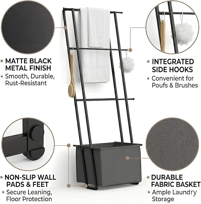 2-in-1 Leaning Blanket Ladder with Storage Basket, Matte Black Metal Towel Rack Stand, Drill-Free Space Saving Organizer for Bathroom & Bedroom Throws, 63"