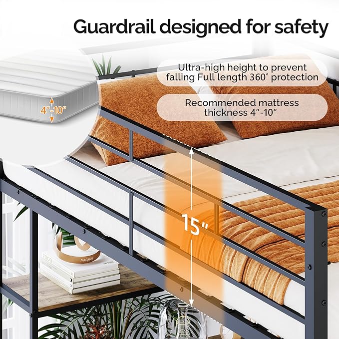 VINGLI Twin Metal Loft Bed Frame with 15 Inches Safety Guardrail, Non-Slip Ladder, 2 Charging Stations, L-Shaped Desk, Storage Shelve, 4 Drawers, LED Lights, for Kids, No Box Spring Needed, Black