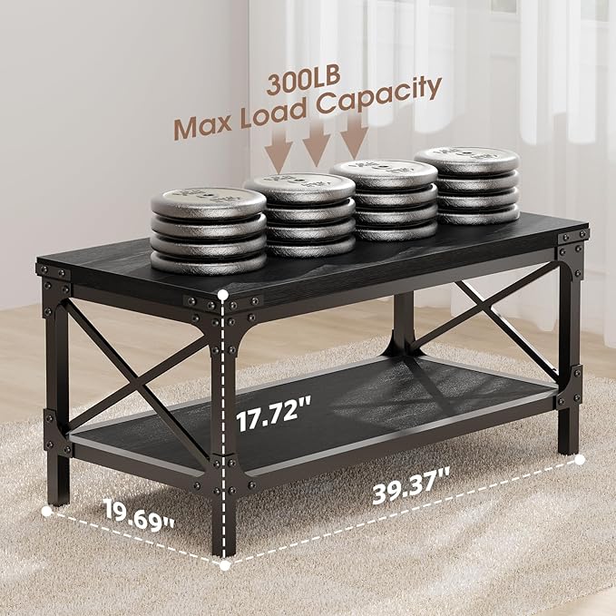 Rectangle Coffee Tables for Living Room, Wood Rectangular Coffee Table, 2 Tier Industrial Modern Center Table with Thickened Tabletop and Metal Frame, 40 inch Long (Black)