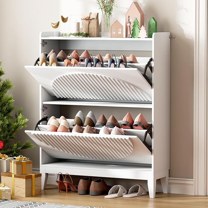 Vlsrka Shoe Cabinet Storage for Entryway with 2 Flip Drawers, Narrow Wooden Shoe Cabinet, Outdoor Hidden Shoe Storage for Entryway, Garage, Foyer, Hallway, Living Room