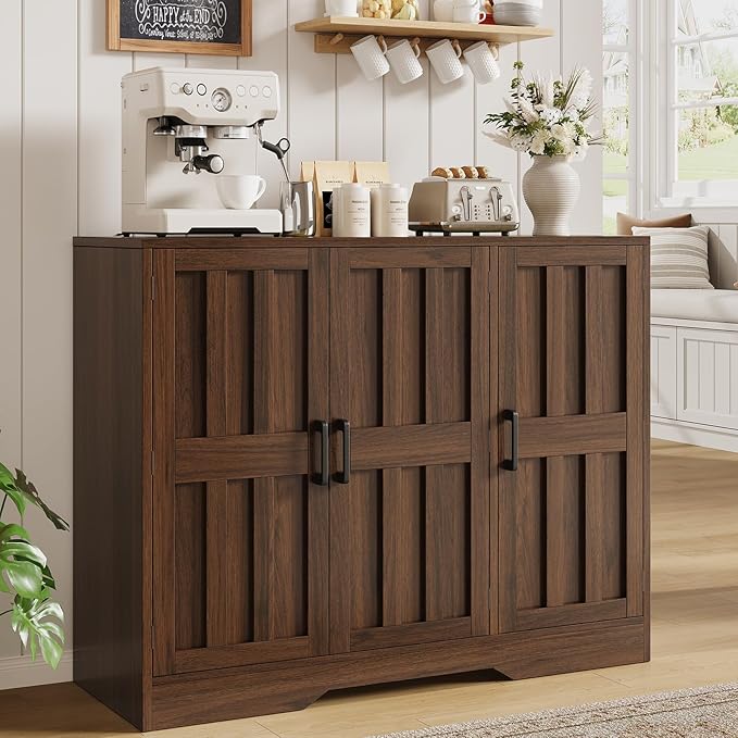Modern Farmhouse Buffet Cabinet with Storage, 42" Large Sideboard Storage Cabinet with 3 Barn Doors, Coffee Liquor Bar Cabinet Wood Table Credenza with Adjustable Shelf for Kitchen Dining Living Room