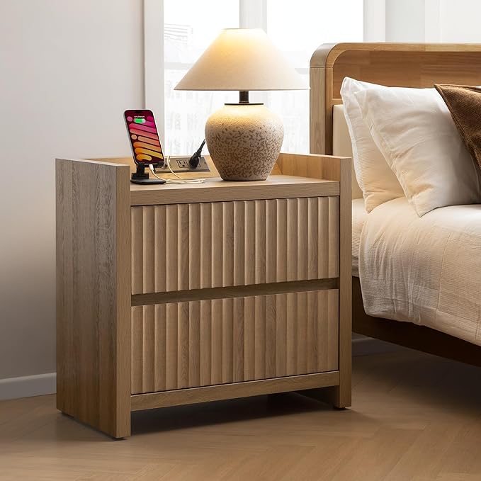 SICOTAS Night Stand Fluted Nightstands with Charging Station-Modern 2 Drawers Nightstand 25" Tall Bedside Table End Table, Large Night Stands for Bedroom, Sofa Side (Caramel Oak, 1 Piece)