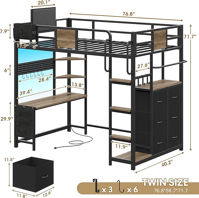 BYSAUD Loft Bed Twin Size, Loft Bed with Desk and 6 Storage Drawers, Twin Loft Beds with Charging Station and 4 Storage Shelves, Bunk Bed with Safety Guard & Ladder, No Box Spring Needed, Oak Gray