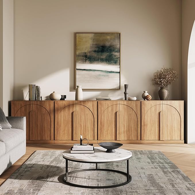 BELLEZE Bijou Set of 4 Wall-to-Wall Storage Cabinets (126" Wide) - Grand Sideboard Buffet System w/8 Arched Doors - Massive Entertainment Center & Display Console for Living Room, Office, Camel