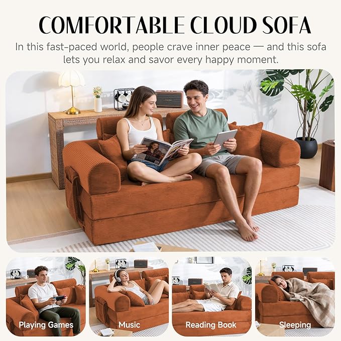 79" Convertible Boneless Couch for Small Spaces, 6-in-1 Corduroy Sofa Bed with High Backrest, Pillows, High-Density Foam Loveseat Sleeper Couch in a Box for Living Room, No Assembly, Orange