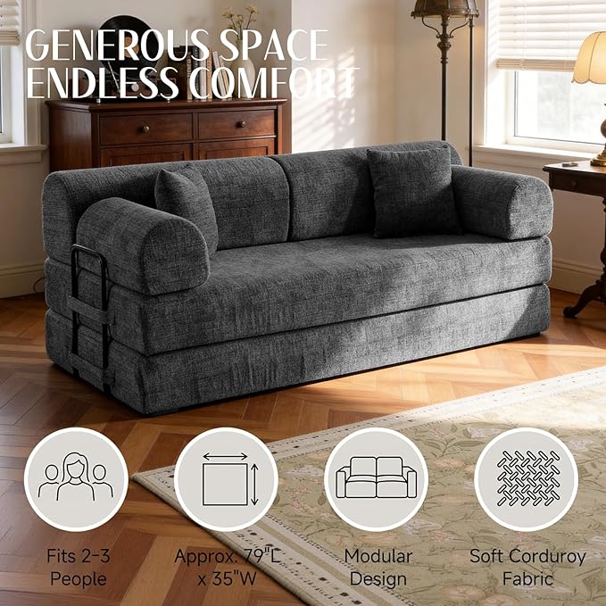 78.8" Convertible Sofa Bed with Detachable Arm Pillow, 6-in-1 Sectional Couches for Living Room, Corduroy Boneless Couch, Sleeper Loveseat Couch Bed, No Assembly, Speckled Black Couch