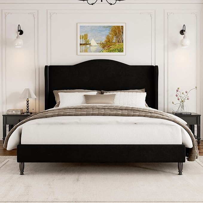 King Size Bed Frame with Wingback Headboard, Upholstered Velvet Platform Bed Frame Easy Assembly, Heavy Duty Wooden Slats Support, Noise-Free, No Box Spring Needed, Minimalist Style, Black