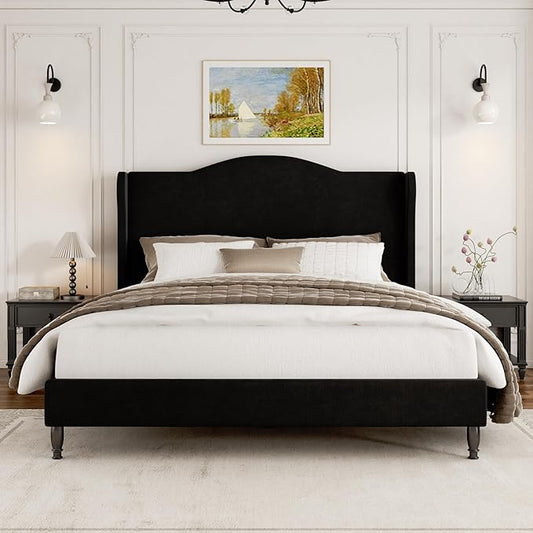 King Size Bed Frame with Wingback Headboard, Upholstered Velvet Platform Bed Frame Easy Assembly, Heavy Duty Wooden Slats Support, Noise-Free, No Box Spring Needed, Minimalist Style, Black