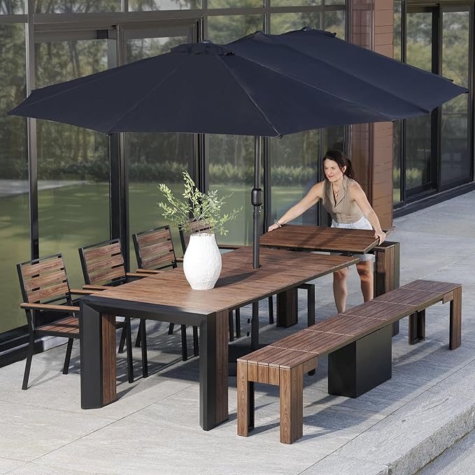 Transformer Table - Extendable Outdoor Dining Set, up to 12 Seats, Expandable Patio Table, Weather-Resistant Patio Furniture, Dark Walnut, Brown (Table + Bench + 4 Chairs + Umbrella)