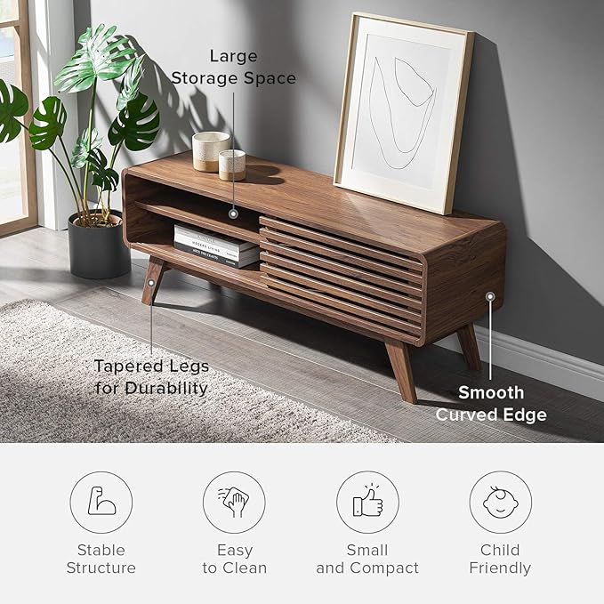 mopio Ensley 46" TV Stand with Slatted Door, Mid Century Modern Entertainment Center for 55/60/65 inch TV, Farmhouse Media Console with Storage, Adjustable Shelves, Round Edges, Living Room (Walnut)