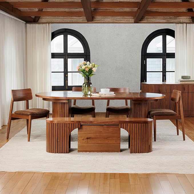 Transformer Table - Solid Wood Extendable Round Dining Table Set, Expandable Dining Table, Elegant and Functional Design, Perfect for Dining Room, Royal Brown (Table + Bench + 4 Chairs)