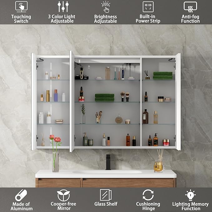 DEYGIA LED Medicine Cabinet with Mirror for Bathroom, Assembly-Free Lighted Medicine Cabinet, Defog, Stepless Dimming, 3 Colors, 2 Outlets, 2USB, Aluminum Wall Mounted Mirrored Cabinets, 48”Wx30“H