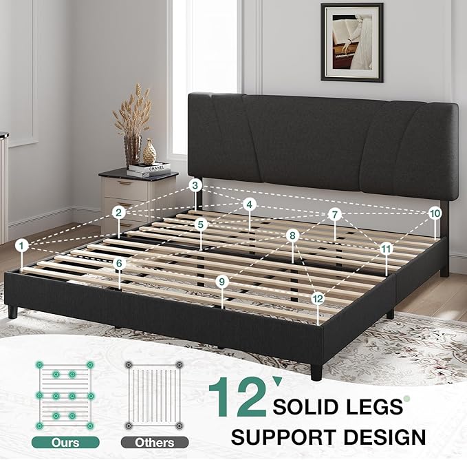 Novilla King Size Bed Frame with Adjustable Headboard Platform King Bed Frame Linen Fabric Upholstered Headboard, No Box Spring Needed, Noise-Free, Wooden Slats Support, Easy Assembly, Dark Grey