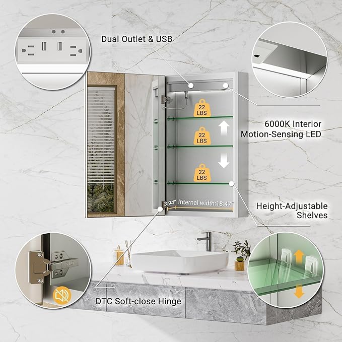 20x32 Lighted Medicine Cabinet, Beveled Brushed Nickel Framed Surface or Recessed Fogless Dimmable LED Medicine Cabinet with Mirror, Outlet, Time Display and Sensor Inner Light