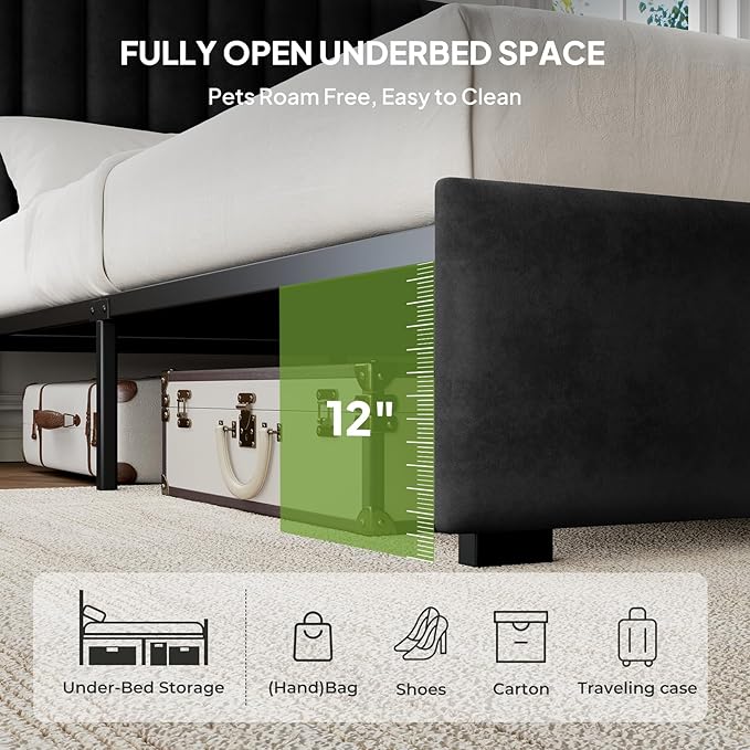 Welzona Full Upholstered Bed Frame with Headboard, Velvet Upholstered Metal Platform Bed with Vertical Channel Tufted Headboard, 3-Level Height, Metal Slat Support, Noise-Free Easy Assembly, Black