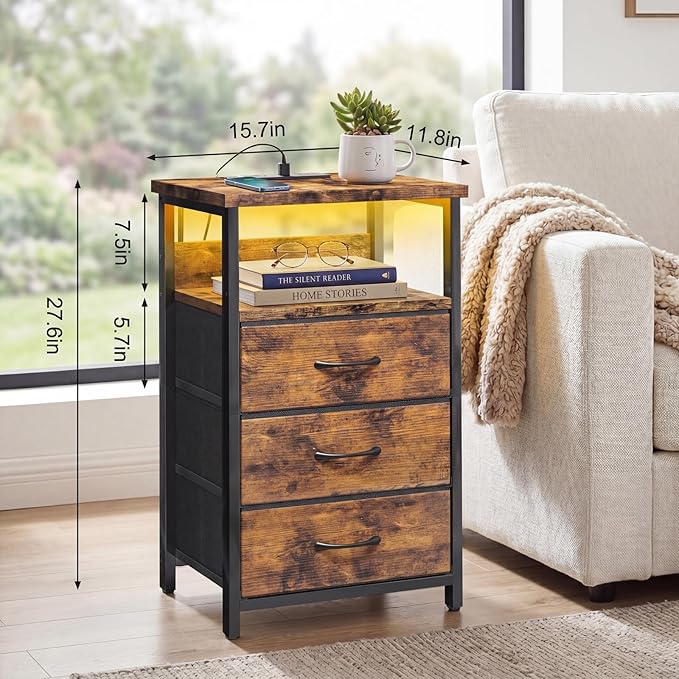 Fixwal Night Stand with Charging Station, LED Nightstand with Fabric Drawers, End Table with PU Finish, Bed Side Table, Rustic Brown