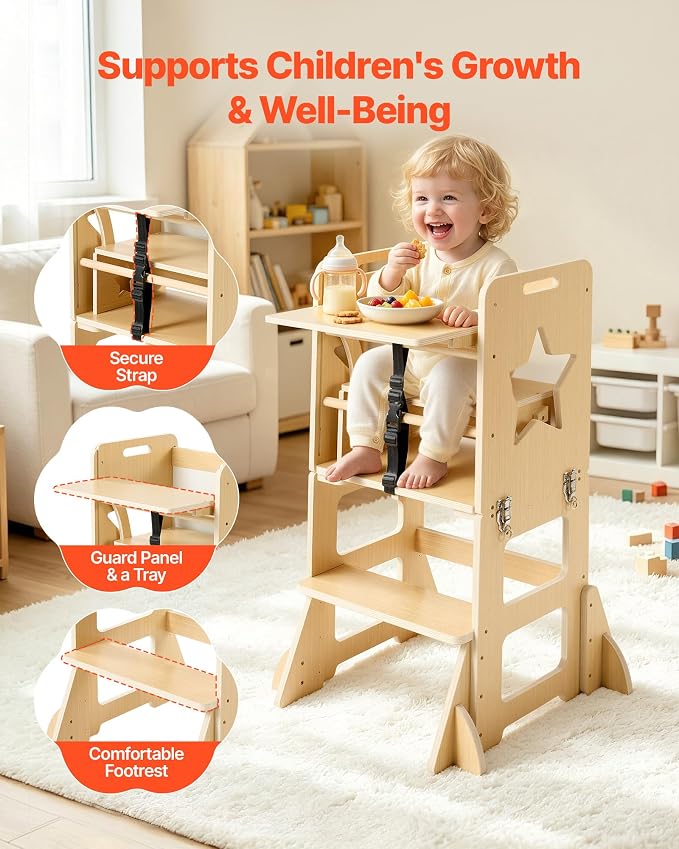 VEVOR 6-in-1 Toddler Kitchen Step Stool, Foldable Standing Tower with Blackboard & Whiteboard, Wooden High Chair for Toddlers, Kitchen Stool Helper with Detachable Stool, Montessori Table and Chair