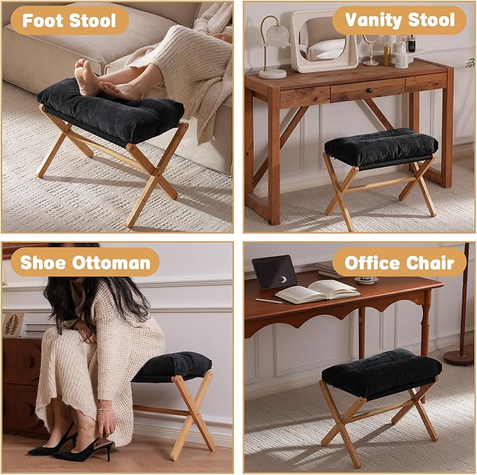 Baveke Ottoman Foot Rest- Bamboo Foldable Stool, Foot Stools Small Ottman with Upholstered & X Legs, Folding Stool for Makeup, Bedroom and Living Room, FSC-Certified (Black)