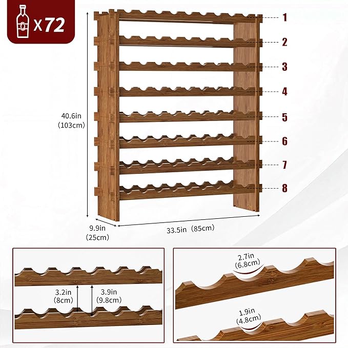 VASMIA Bamboo Stackable Wine Rack,72 Bottles Wine Rack Freestanding Floor,No Tools Assembly,8-Tier Display Wine Storage Shelf for Kitchen, Bar, Dining Room,Cellar,Walnut