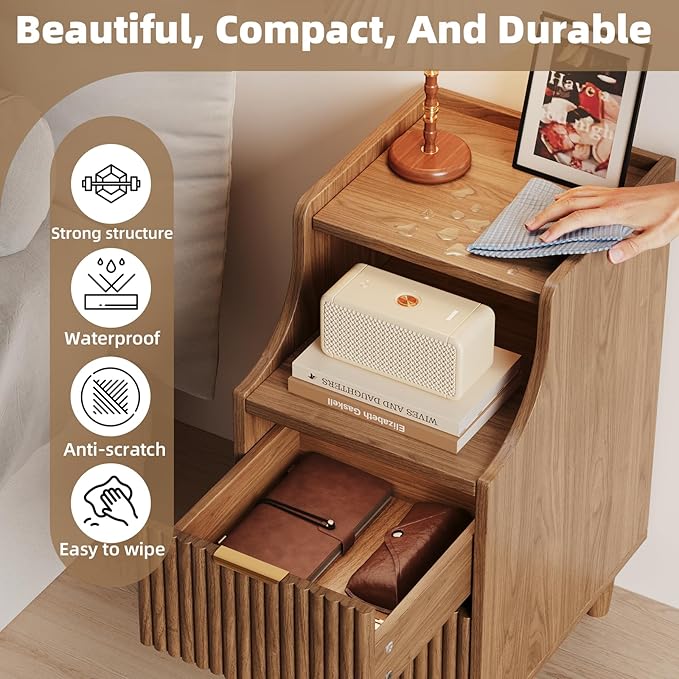 Narrow Nightstand Set of 2,11.8" Fluted Bedside Table Set of 2, Slim Side End Table with 2 Drawers, Wooden Bedside Table, Mid Century Modern Night Stand for Bedroom Livingroom Sofa Office