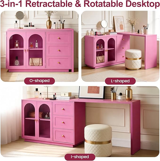 RoyalCraft 83" Makeup Vanity Desk, Pink Vanity Dresser, L Shaped Corner Vanity Table with 3 Drawer & 2 Door, Modern Extendable Dressing Table for Bedroom, Dressing Room, Small Space (Without Mirror)