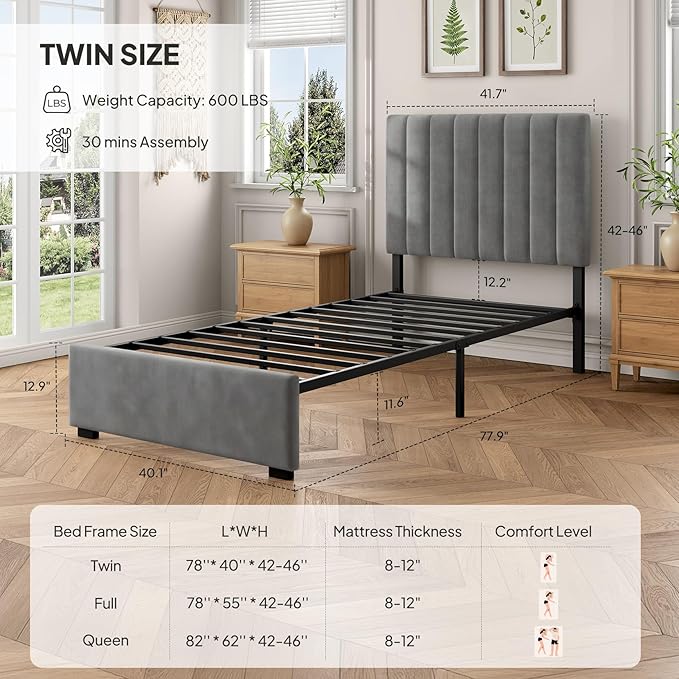 Welzona Kids Twin Upholstered Bed Frame with Headboard, Velvet Upholstered Metal Platform Bed Frame with Vertical Tufted Headboard, 3-Level Height, Metal Slat Support, Noise-Free Easy Assembly, Grey