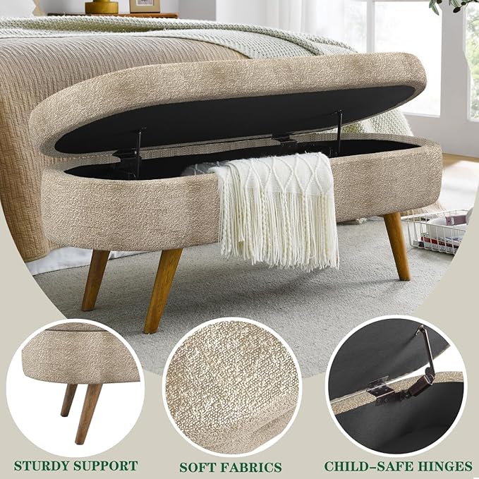 43.5" Ottoman with Storage, Storage Ottoman Bench with Safety Hinge, Foam End of Bed Bench, Upholstered Entryway Bench for Bedroom, Living Room & Window, Holds up to 330 lb, Brown