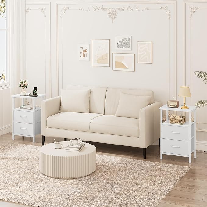 Vagusicc Nightstand Set 2 with Charging Station, End Table with Fabric Drawers, Bedside Table with Open Wood Shelf, 24.2" Tall Side Table with USB Ports & Outlets, Night Stand for Bedroom, White