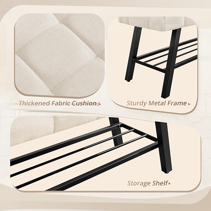 LUE BONA 45" Entryway Bench with Storage Shelf, End of Bed Bench with Tufted Linen Fabric Seat, Bedroom Bench with Metal Frame, 330 LBS Capacity for Entryway, Living Room, Hallway, Linen Color