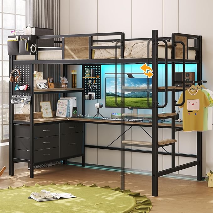 busyaeh Loft Bed Twin Size with Desk, Loft Bunk Bed with Desk Underneath, RGB LED Lights, and Charging Station, with Drawer Cabinets and Pegboards, Twin Max Load-Bearing Weight 400lbs, Oak Gray