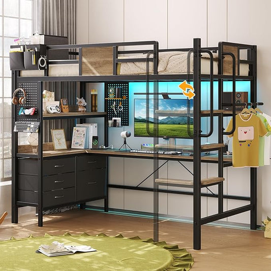 busyaeh Loft Bed Twin Size with Desk, Loft Bunk Bed with Desk Underneath, RGB LED Lights, and Charging Station, with Drawer Cabinets and Pegboards, Twin Max Load-Bearing Weight 400lbs, Oak Gray