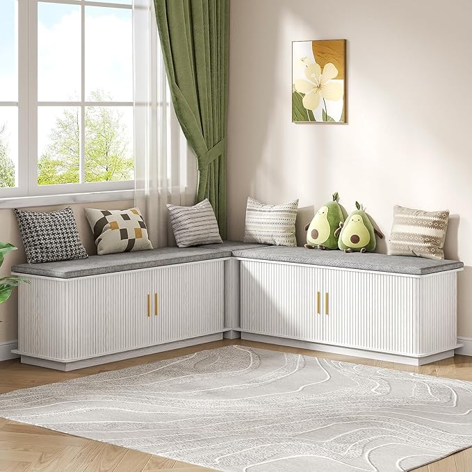 L-Shape Storage Bench with Cushion, Corner Dining Bench with Hidden Storage, Breakfast Nook Bench for Dining Room, Kitchen, Entryway, Cloakroom, White
