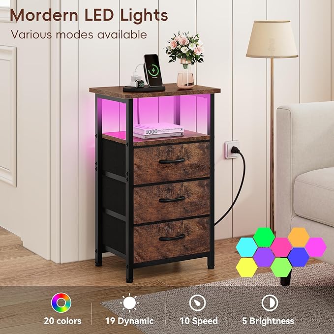 Vagusicc Night Stand with Charging Station, LED Nightstand for Bedroom, Bedside Table with 3 Fabric Drawers, End Table Side Table with USB Ports and Outlets, Bed Side Table for Bedroom, Rustic Brown
