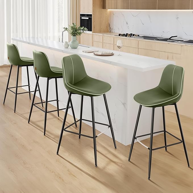 VASAGLE Bar Stools Set of 4, Bar Height Bar Stools with Back, Ergonomic Backrest, Synthetic Leather, Metal Legs, 28.5-Inch Tall Barstools for Kitchen Island Home Bar, Easy Assembly, Forest Green