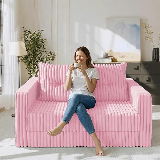 HABUTWAY 41.3" Loveseat Boneless Couch, 4-in-1 Convertible Sofa Bed, Plush Fur Folding Futon Sofa Bed Couches with a Pillow for Living Room, High-Density Foam Support, No Assembly Required, Pink