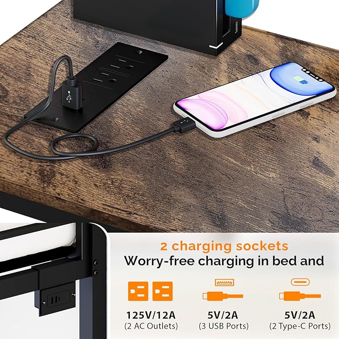 VINGLI Twin Metal Loft Bed Frame with 15 Inches Safety Guardrail, Non-Slip Ladder, 2 Charging Stations, L-Shaped Desk, Storage Shelve, 4 Drawers, LED Lights, for Kids, No Box Spring Needed, Black