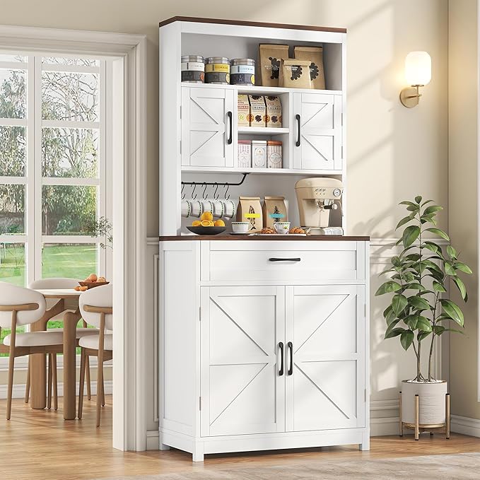 Saudism 70" Tall Farmhouse Kitchen Pantry Cabinet, Wooden Storage Cupboard with Barn Doors, Drawers & Cup Holder, Microwave Stand for Dining Room, White